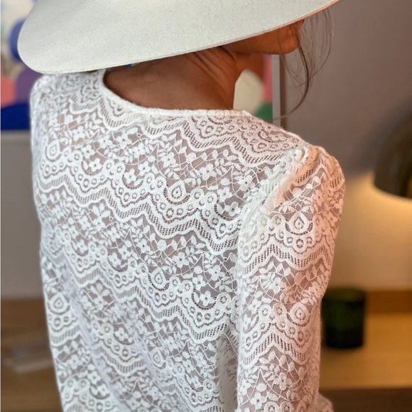 New Scalloped Lace Button Front White Blouse V-Neck Romantic Top - Picture 8 of 10